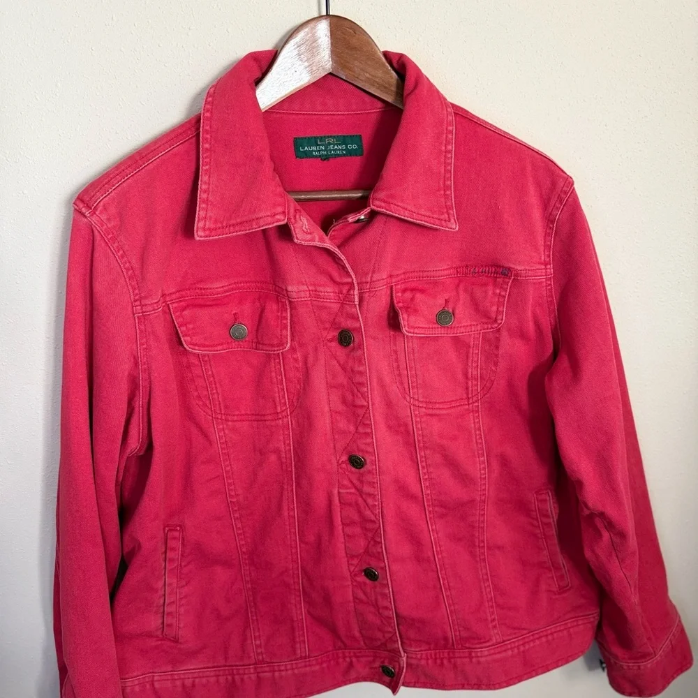 Ralph Lauren Red Denim Jacket Large Trucker Button Front Cotton Jean Jacket - Picture 3 of 11